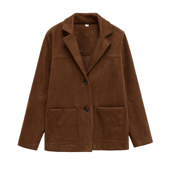 Women Short Suede-Look Coat with Notched Collar and Applied Pockets Mune Fashion