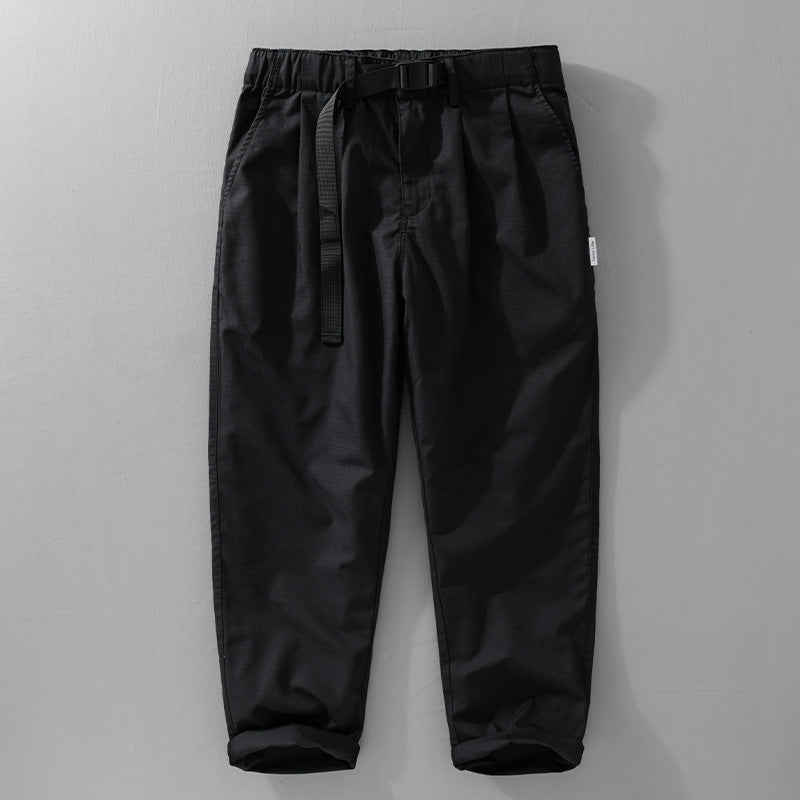 Men's Relaxed Cotton Pants with Elastic Waistband, Integrated Webbing Belt, and Tapered Leg Mune Fashion
