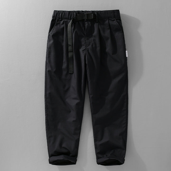 Men's Relaxed Cotton Pants with Elastic Waistband, Integrated Webbing Belt, and Tapered Leg Mune Fashion