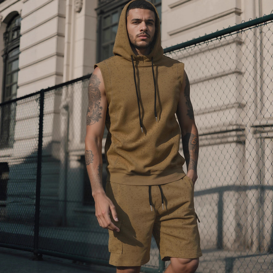 Men's Hooded Muscle Shirt Set with Functional Cargo Bermuda Mune Fashion