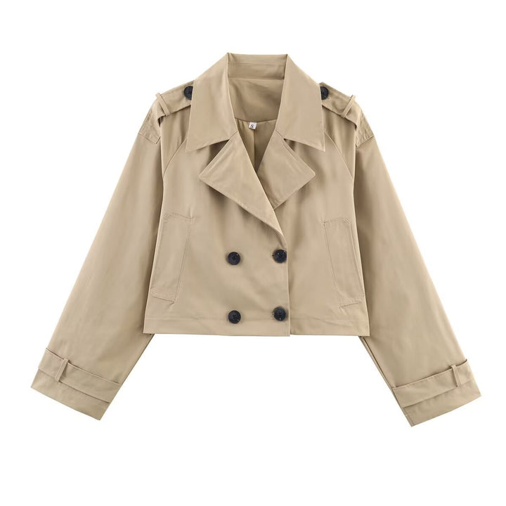 Women's Cropped Double-Breasted Trench Coat with Wide Lapels, Epaulettes and Boxy Cut Mune Fashion