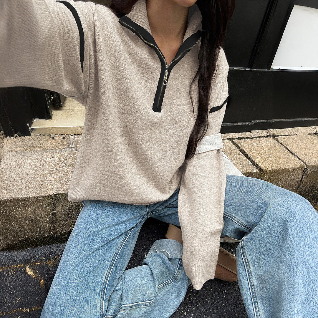 Women's oversized knitted pullover with half zip, contrast piping and drop shoulder Mune Fashion