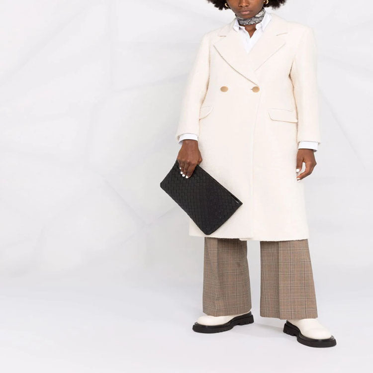 Women Mid-length Tailored Wool Blend Coat with Double Breasted, Patch Pockets and Subtle Decorative Buttons Mune Fashion