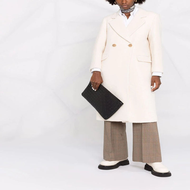 Women Mid-length Tailored Wool Blend Coat with Double Breasted, Patch Pockets and Subtle Decorative Buttons Mune Fashion