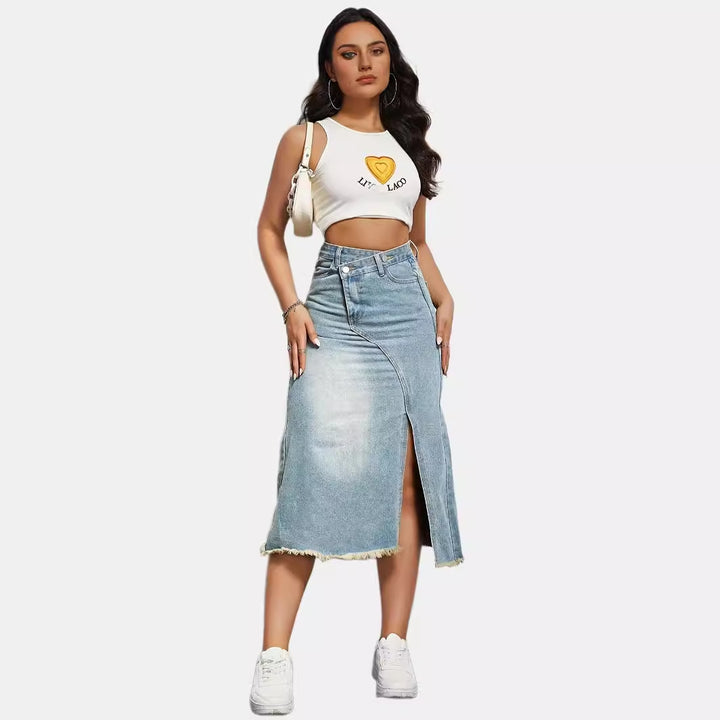 Women's asymmetrical high-waisted denim midi skirt with front slit and frayed hem Mune Fashion