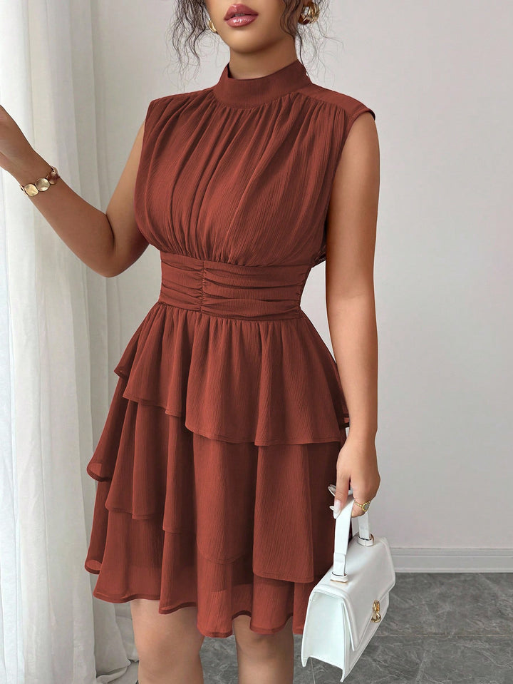 Women Sleeveless Chiffon Layered Dress with Stand Collar and Tailored Ruffle Mune Fashion