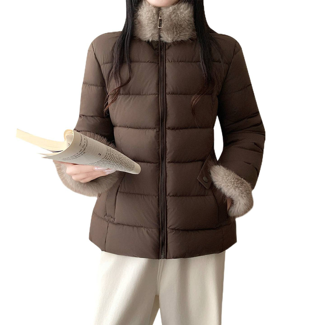 Women nan tailored thermal short jacket with elastic waist belt, faux fur collar and faux fur cuffs Mune Fashion