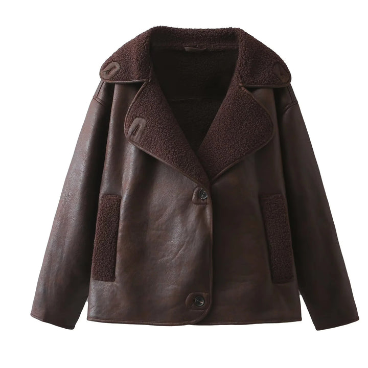 Women's short-cut vintage pilot jacket with teddy collar and patch pockets Mune Fashion