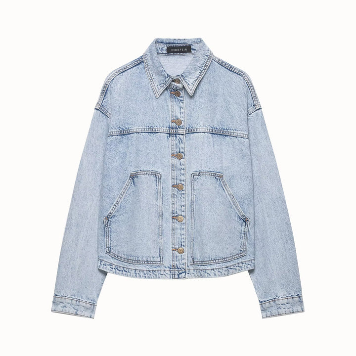 Women's Boxy Cropped Denim Work Jacket with Large Applied Front Pockets Mune Fashion