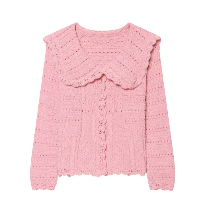 Women’s knitted cardigan with large scallop collar, textured pattern, and decorative button placket Mune Fashion