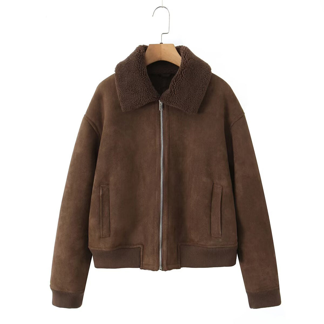 Women's Short Cut Teddy-Lined Suede Look Flight Jacket with Zipper Mune Fashion
