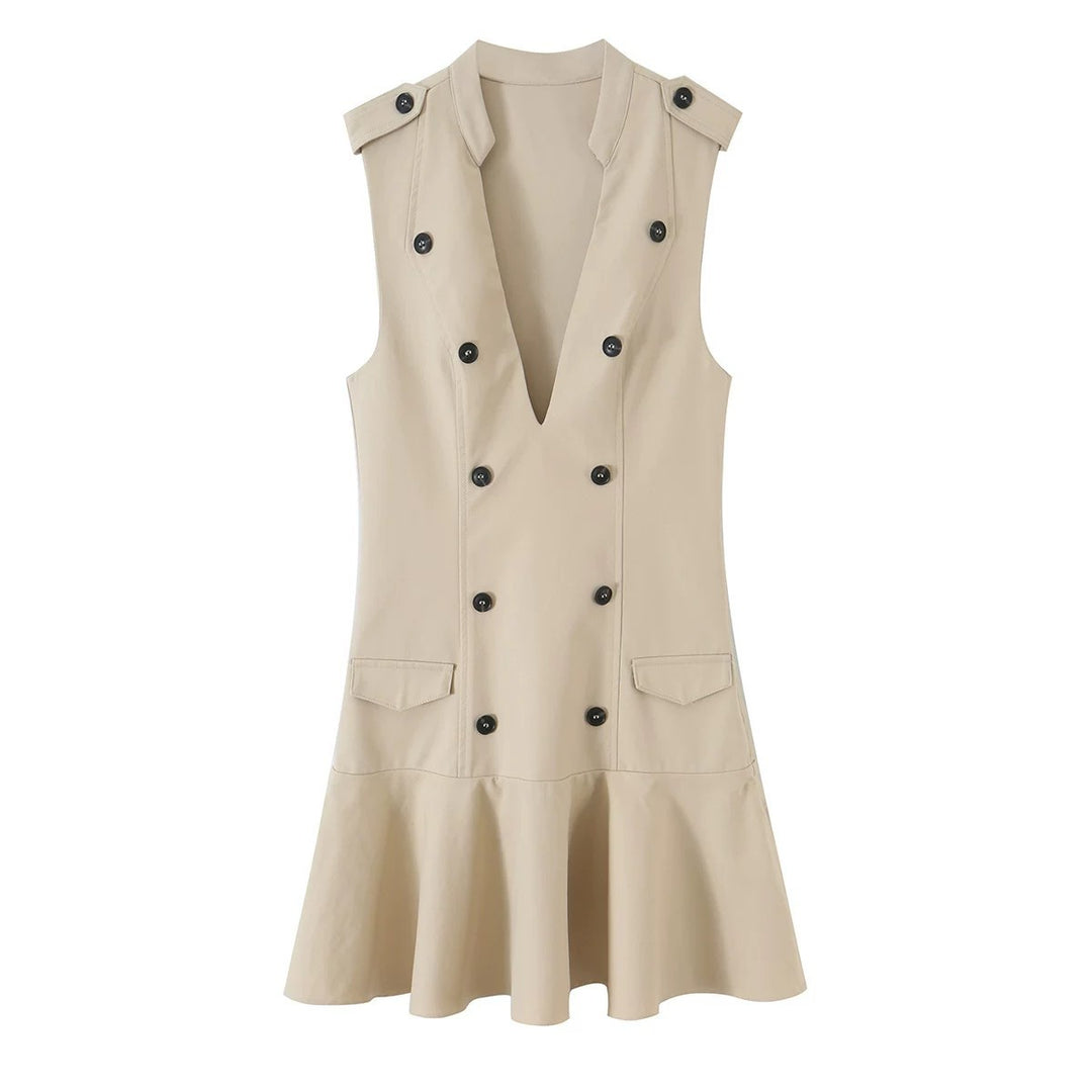 Women's sleeveless blazer dress in trench style with double-breasted button placket and flared hem Mune Fashion