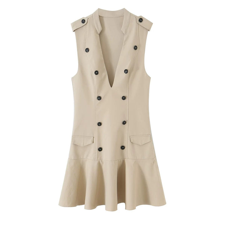 Women's sleeveless blazer dress in trench style with double-breasted button placket and flared hem Mune Fashion
