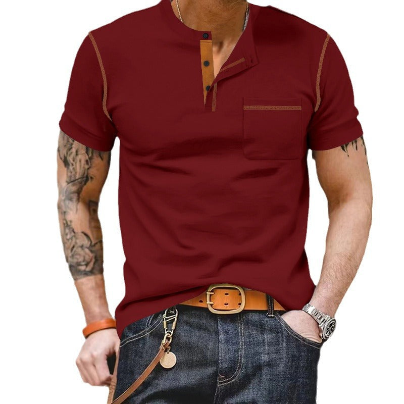 Men's short-sleeve shirt with stand-up collar, half-button placket, and chest pocket Mune Fashion