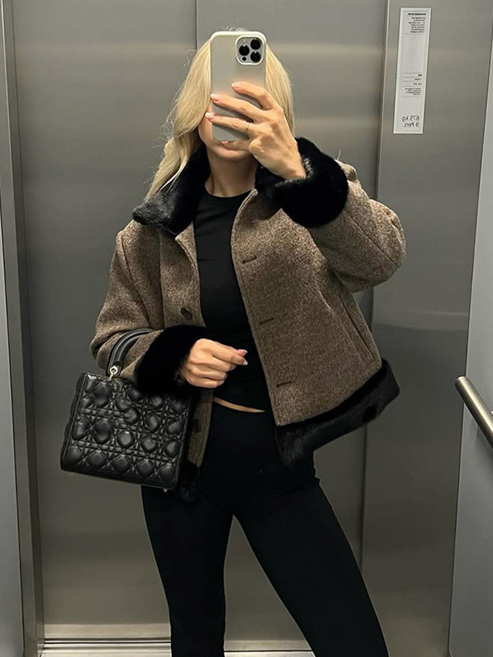 Women's Short Cut Boxy Wool Blend Coat with Contrast Faux Fur Trim Mune Fashion