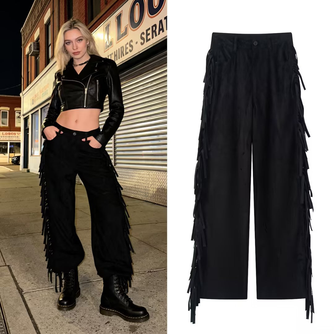 Women Wide High-Waist Flared Trousers with Side Fringes and Suede Look Mune Fashion