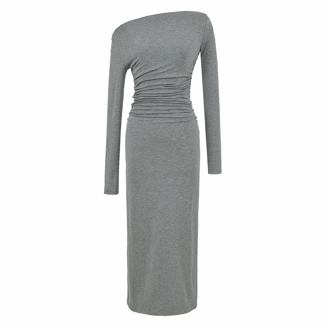 Women One-Shoulder Midi Dress with Long Sleeve and Side Gathering Mune Fashion