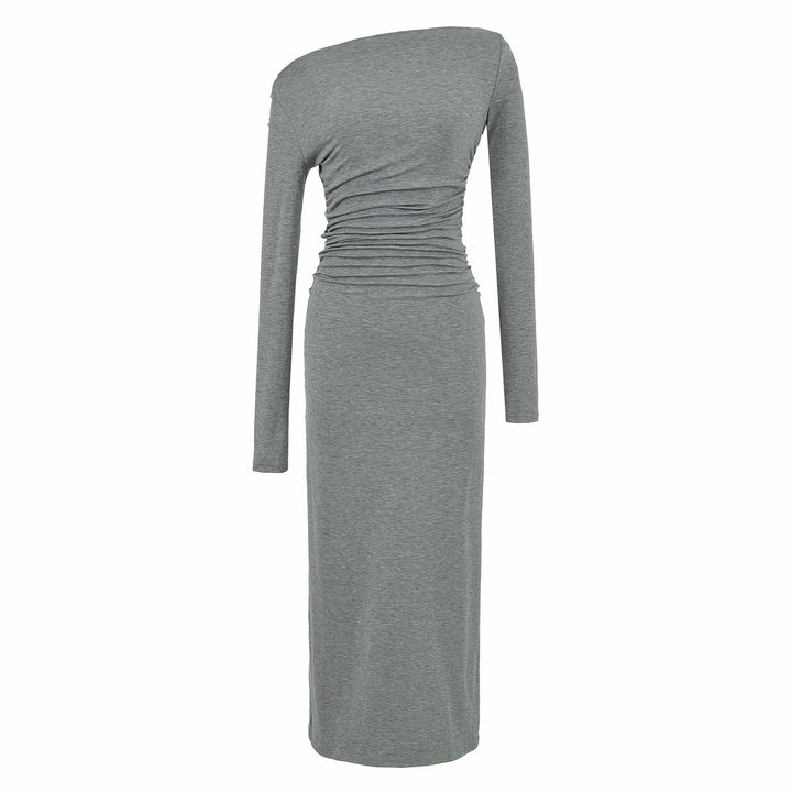 Women One-Shoulder Midi Dress with Long Sleeve and Side Gathering Mune Fashion