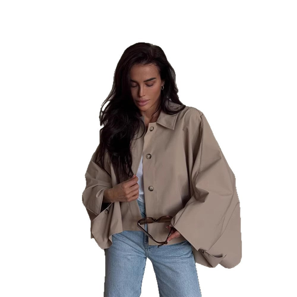 Women's Oversized Cropped Jacket with Voluminous Bat Sleeves and Shirt Collar Mune Fashion