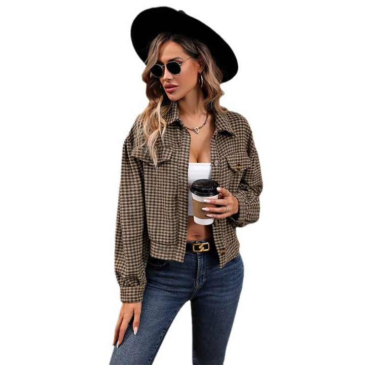Women's Short Oversized Shacket with Houndstooth Pattern, Chest Pockets & Button Placket Mune Fashion