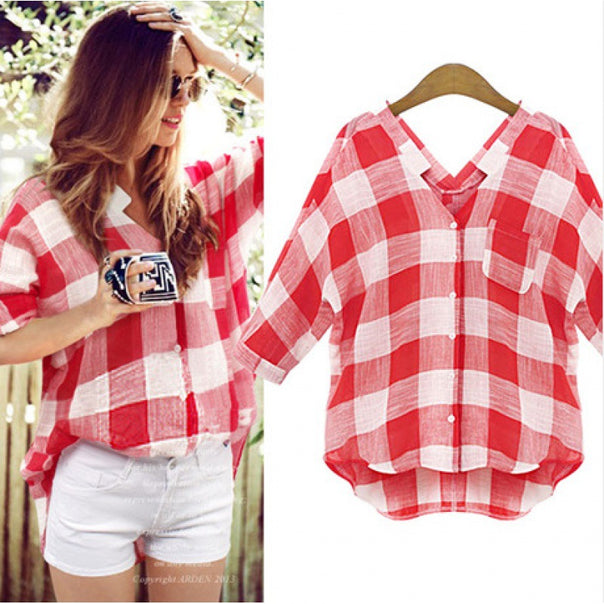 Women's loose checkered shirt blouse top with V-neck, 3/4 sleeves and high-low hem Mune Fashion