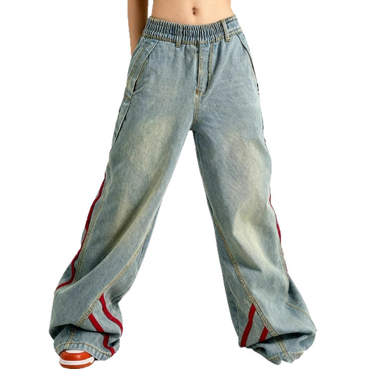 Women's low-rise extra-wide baggy jeans made of vintage denim with side tape stripes Mune Fashion