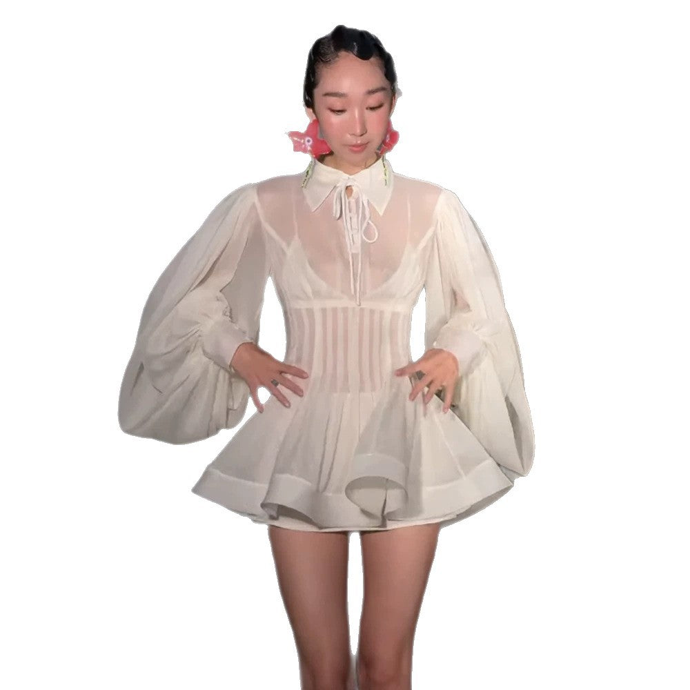 Ladies Transparent Chiffon Mini Dress with Corset Look, Puff Sleeves and Flared Skirt Mune Fashion