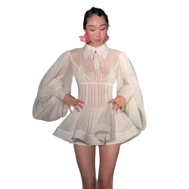 Ladies Transparent Chiffon Mini Dress with Corset Look, Puff Sleeves and Flared Skirt Mune Fashion