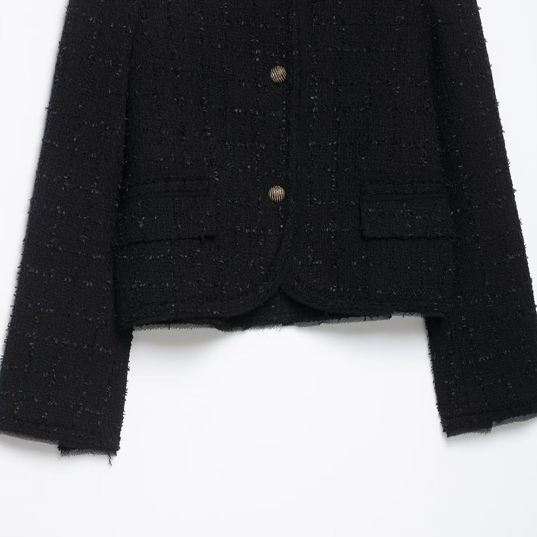 Women's Short Bouclé Tweed Jacket without Collar with Gold Decorative Buttons Mune Fashion