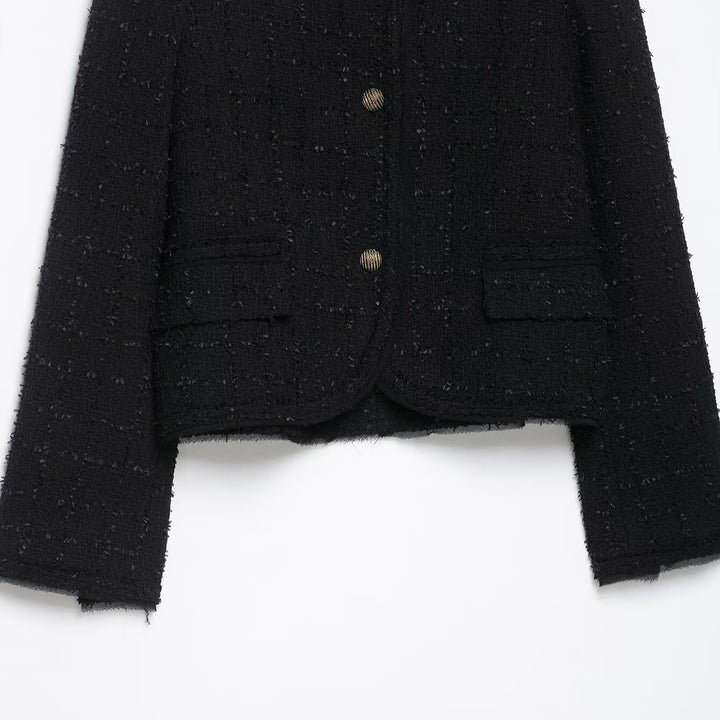 Women's Short Bouclé Tweed Jacket without Collar with Gold Decorative Buttons Mune Fashion