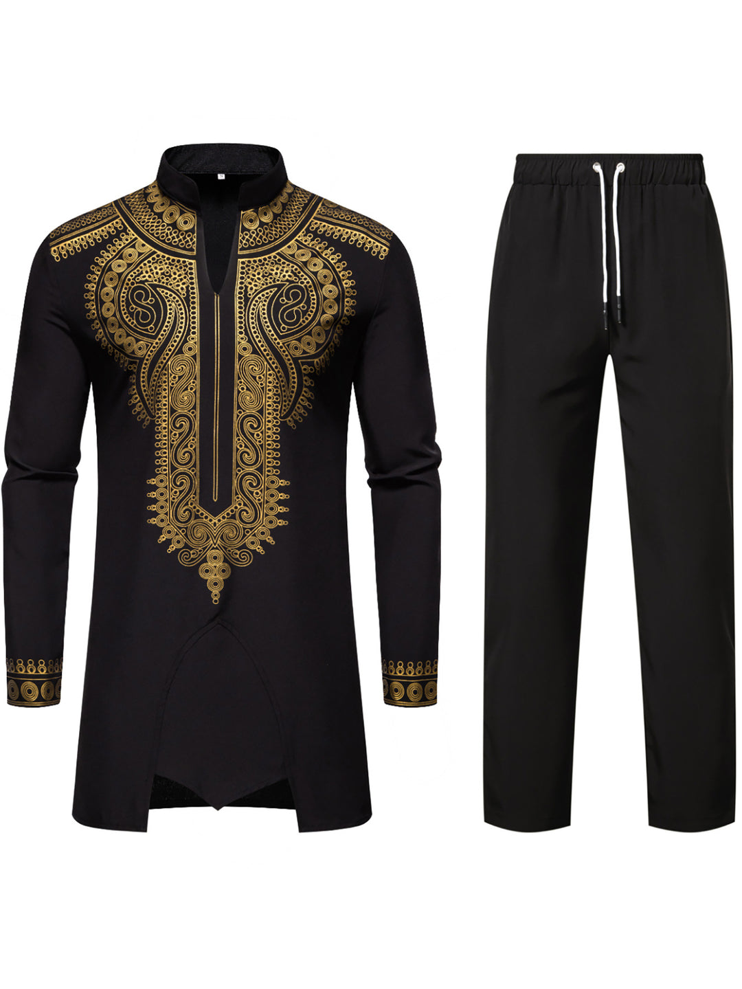 Men's Traditional Embroidered Tunic Set with Mandarin Collar and Elastic Pants Mune Fashion