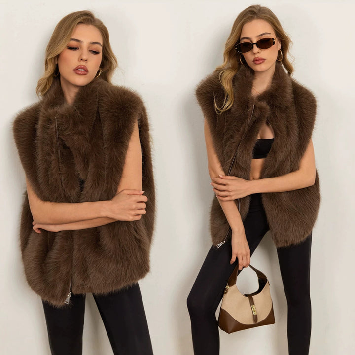 Women's Fluffy Faux Fur Vest with Voluminous Shawl Collar and Zipper Mune Fashion