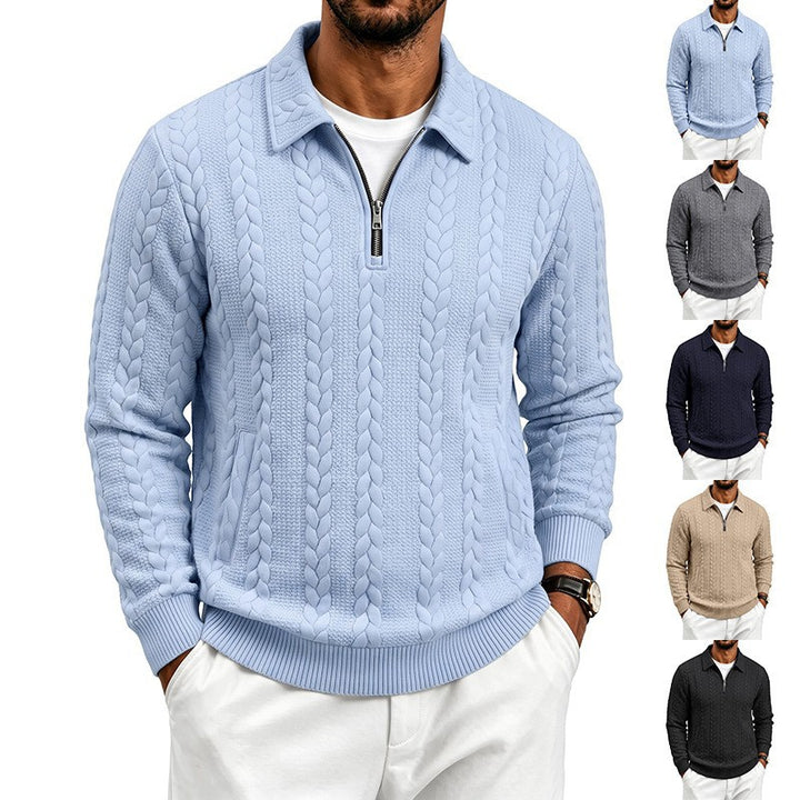 Men's finely structured knitted pullover with half-zip collar and cable pattern Mune Fashion