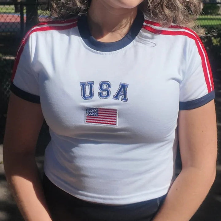 Women's figure-hugging Cropped Ringer T-Shirt with flag embroidery Mune Fashion