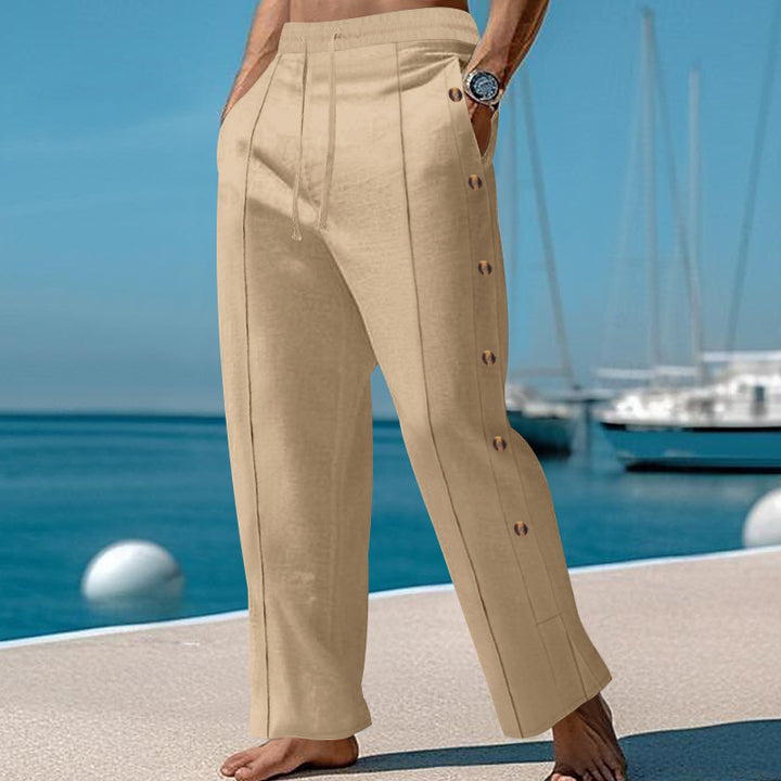 Men's nautical relaxed trousers with wide leg, elastic drawstring waistband and side button placket Mune Fashion