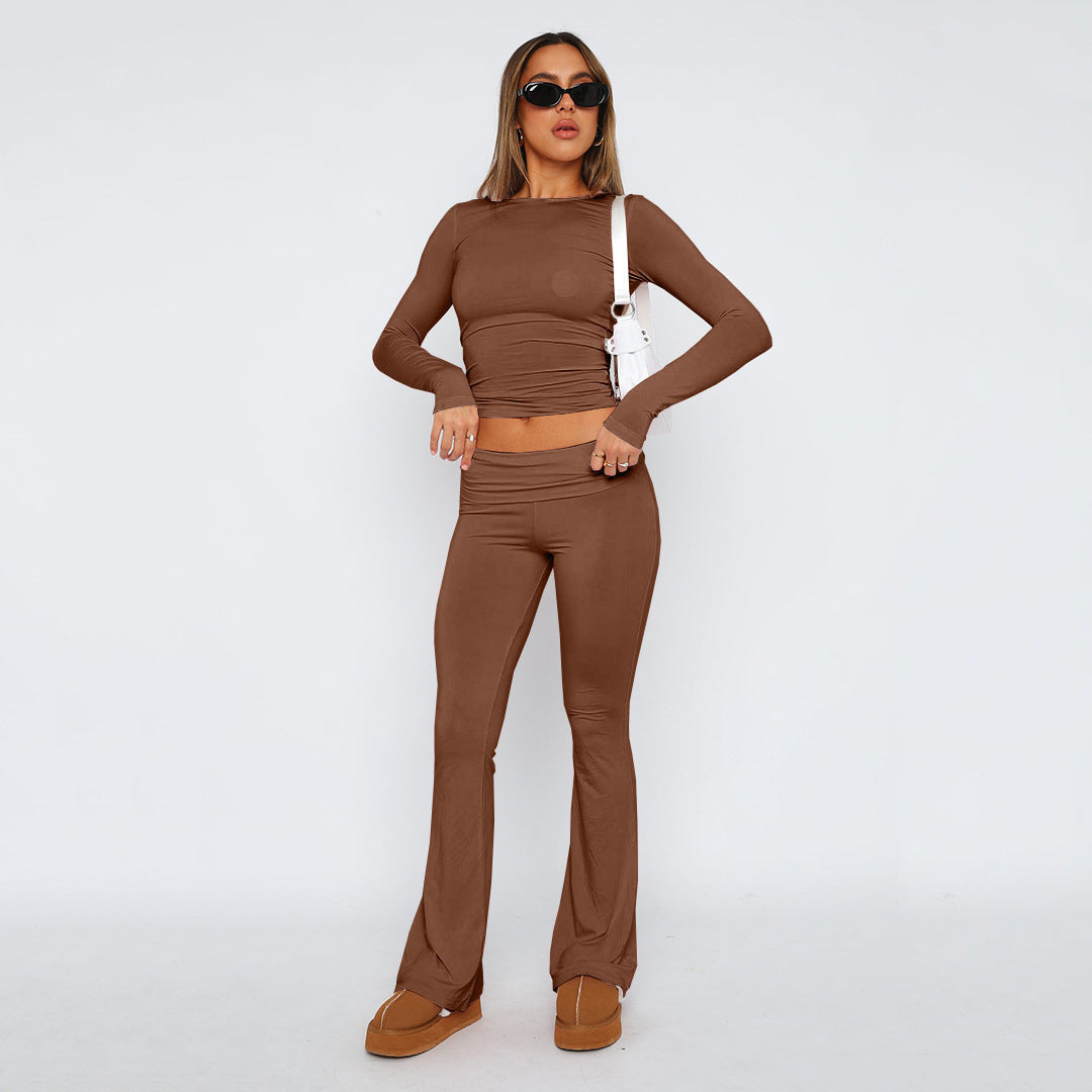 Women’s Stretch Lounge Set with cropped long sleeve top and flared high-waisted pants Mune Fashion
