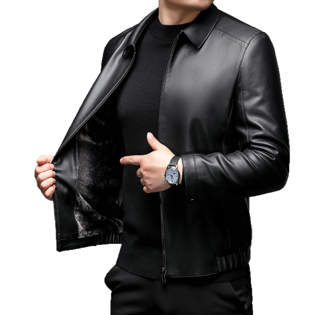 Men's leather jacket with warming fur lining, shirt collar and zipper Mune Fashion