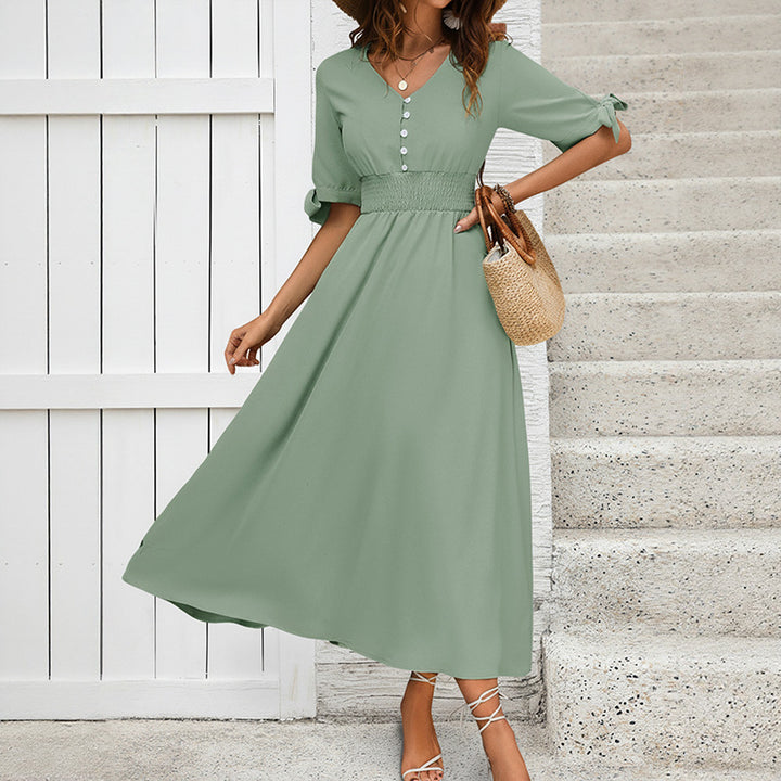 Ladies Elegant Maxi Dress with V-Neck and Ruffle Details Mune Fashion