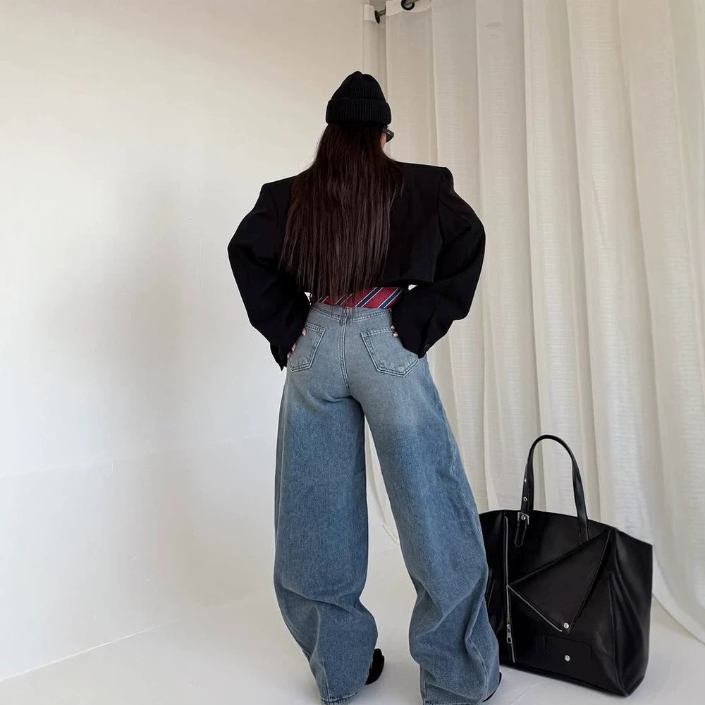Women Cropped Boxy Short Blazer with Boxy Silhouette and Extra Long Sleeves Mune Fashion