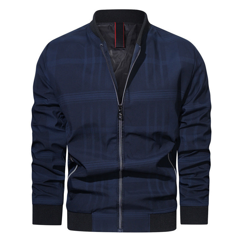 Men's lightweight bomber jacket in minimal check with stand collar, zipper, and elastic cuffs Mune Fashion