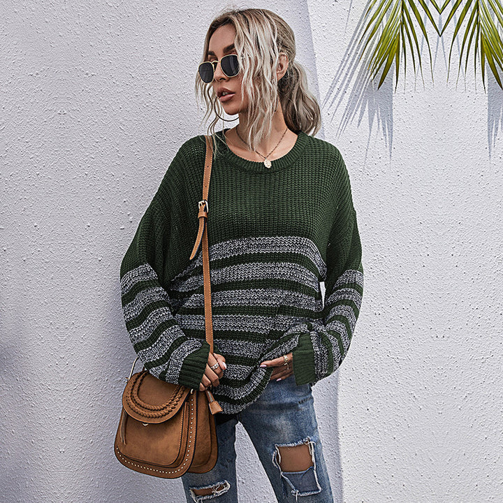 Women's Oversized Fine Knit Sweater with Round Neck and Striped Structure Pattern Mune Fashion