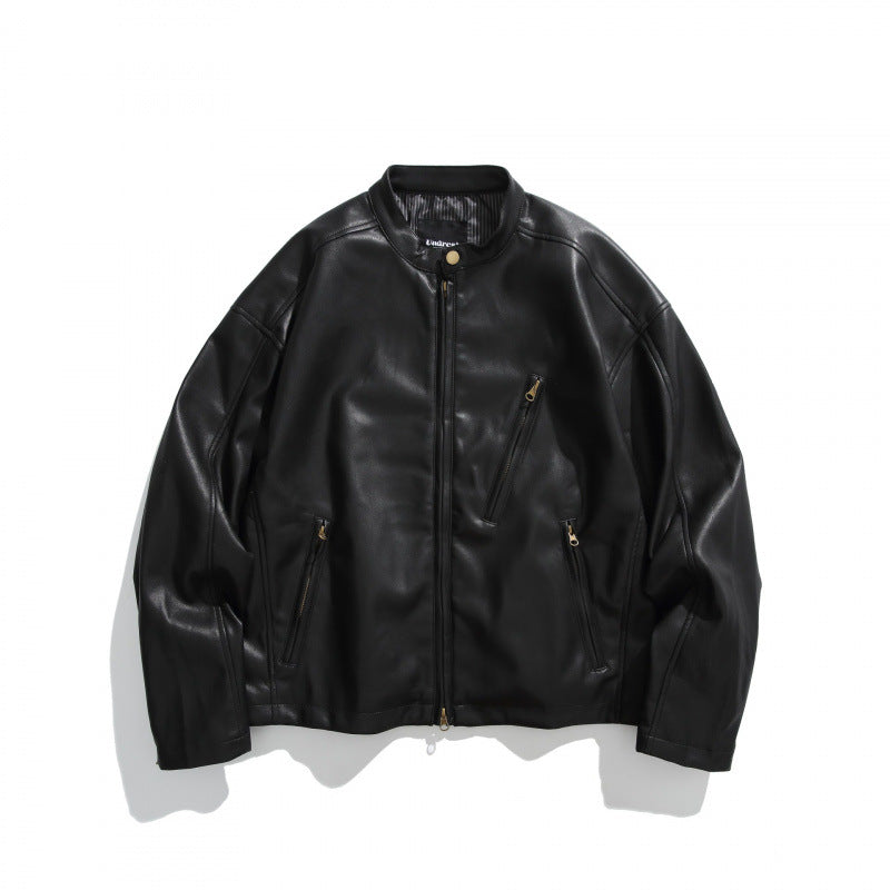 Men's short jacket made of vegan leather with a stand-up collar, three zip pockets, and two-way zipper Mune Fashion