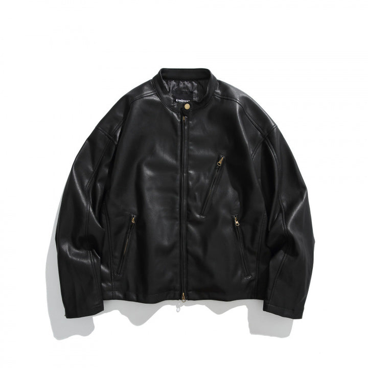 Men's short jacket made of vegan leather with a stand-up collar, three zip pockets, and two-way zipper Mune Fashion