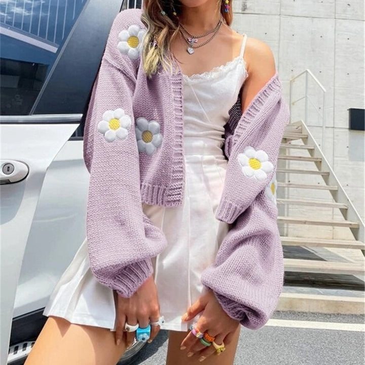 Women’s Cropped Cardigan made of cotton blend with 3D flower applications Mune Fashion