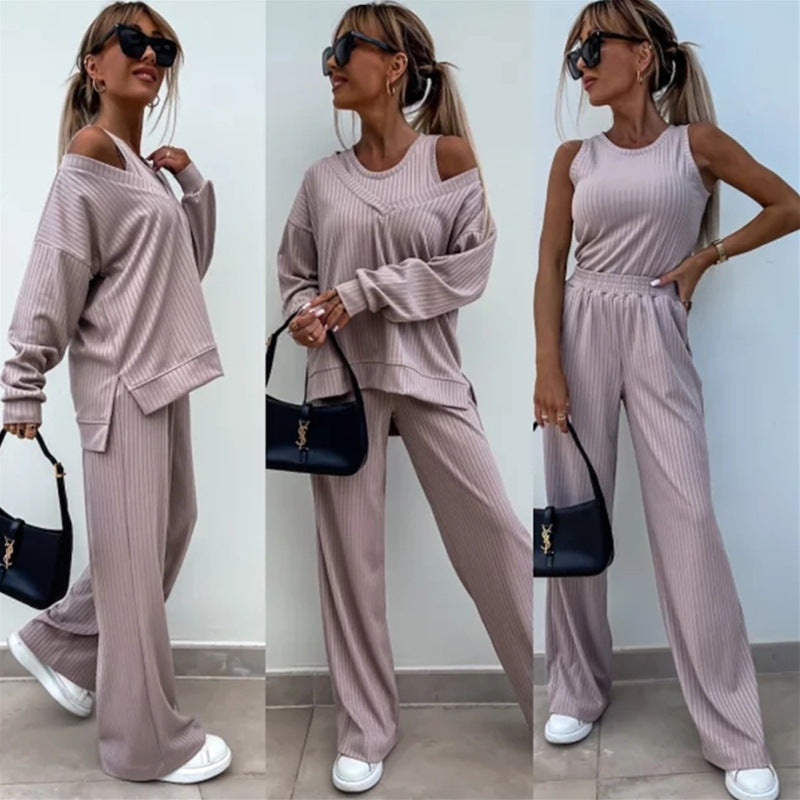 Women's elegant ribbed two-piece lounge set with one-sided off-shoulder cut and wide palazzo pant leg Mune Fashion