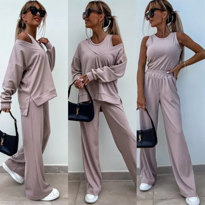 Women's elegant ribbed two-piece lounge set with one-sided off-shoulder cut and wide palazzo pant leg Mune Fashion