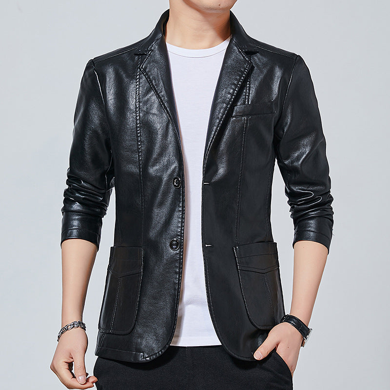 Men's Faux Leather Blouson Style Jacket with Shirt Collar and Patch Pockets Mune Fashion