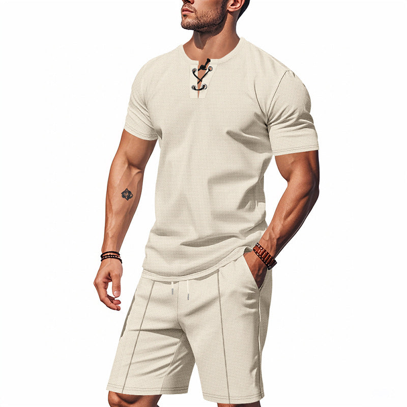 Men's short-sleeved lace-up collar shirt in waffle jersey with pleated Bermuda Mune Fashion