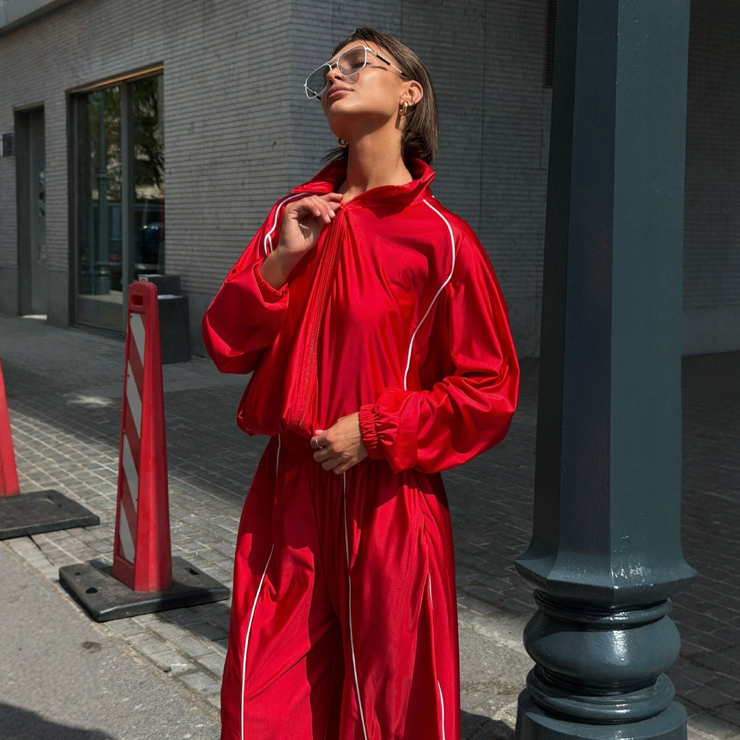 Women's Satin Tracksuit with Zip Jacket and Loose Elastic Waist Pants Mune Fashion
