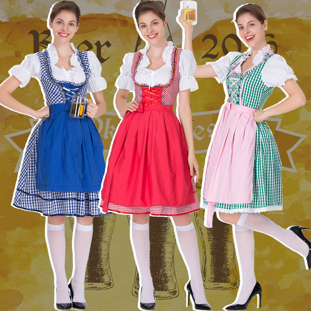 Women's checked dirndl dress with gathered apron and laced bodice front Mune Fashion